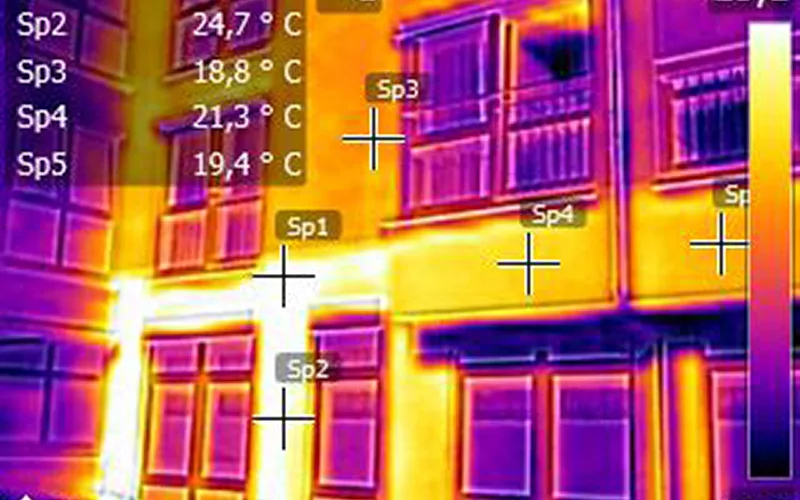 Thermografieaufnahme einer Hausfassade mit Temperaturmesspunkten – Wärmeverluste werden sichtbar